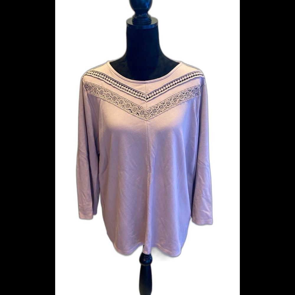 Liz Claiborne Blouse Plus Sz XXL Blush Pink Top Soft Stretchy 3/4 Sleeve  Lace‎